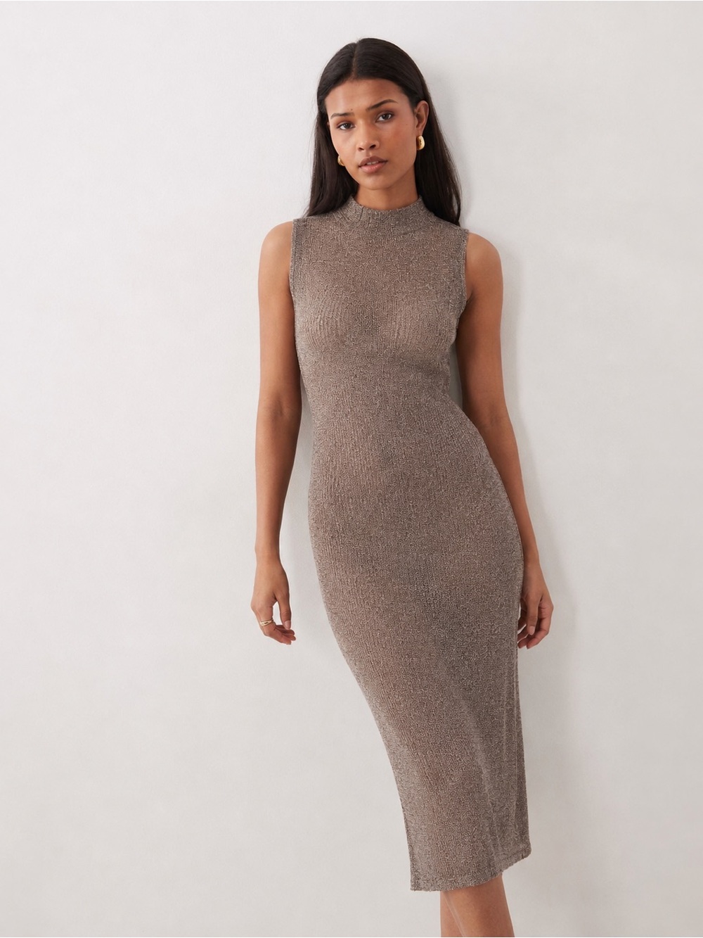 MRT 1030 Taupe Sleeveless Mock Neck Knit Midi Dress Size L